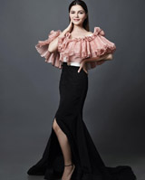 Black And Peach Pleated Ruffle Gown